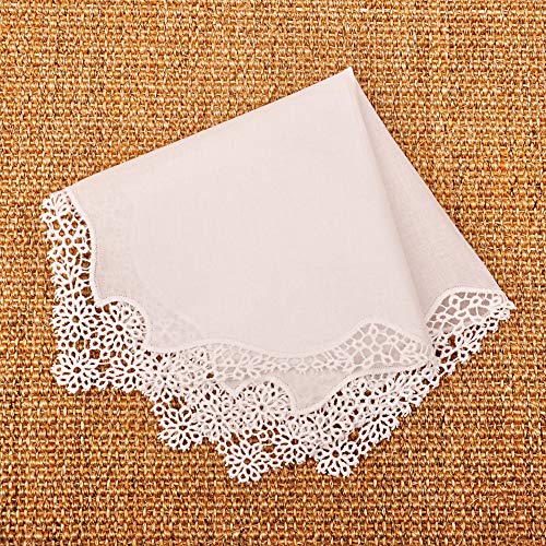 Milesky White Wedding Handkerchief Pure Cotton, Soft Ladies Hanky with Crochet Lace - color: Ch03