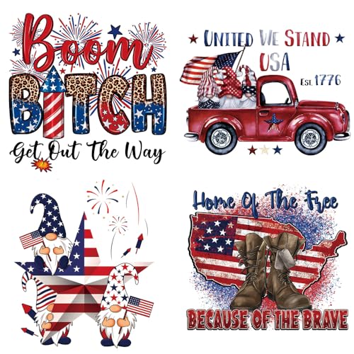 Independence Day Heat Transfer Iron on Patches 4th of July Sew Decoration Patriotic Flag Firework Boom Dwarf Car Pattern Washable Ready to Press Iron on Transfer Stickers for Hoodies Clothing 4 Sheets - color: 4th of July B