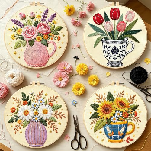 BEUNITONE 4 Set Embroidery Kits for Beginners, Flower Arrangement Design with Pre-Stamped Pattern Craft Kits Include Instruction and Hoops, 7.9x7.9 Needlepoint Kits for Festival Gifts and Home Decor - style: B-Flower Arrangement