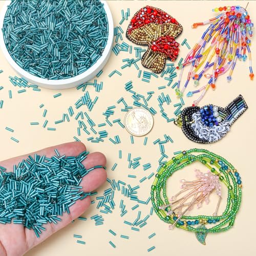 4200pcs Glass Bugle Beads, Mini Long Tube Seed Beads Bulk, Tiny Small Loose Spacer Embroidery Beaded for Bracelets Jewelry Making Sewing, Crafts, Christmas Ornaments, 2×6mm, Lake Blue - color: Teal