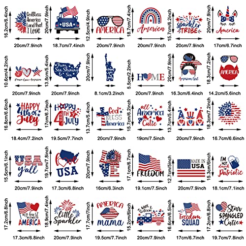 Whaline 30 Sheets Patriotic Iron On Transfers Patches 4th of July Heat Transfer Vinyl Patches USA Flag Red Blue White Iron on Stickers Decals for 250th Anniversary Clothing Fabric DIY Craft Decoration - style: Patriotic