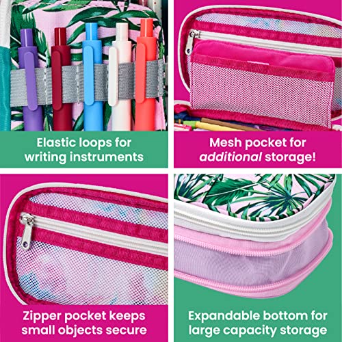 It's Academic Expanding Pencil Case, Portable Pouch for Office & School Supplies, Travel Organizer Bag, Compact, High Capacity, Palm Tree Design, Pink - color: Expanding Pencil Case, Pink Palm Tree, size: 1 Pack