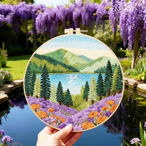 BEUNITONE 4 Set Forest Pattern Embroidery Kit for Adult Beginners Scenery Pre-Printed Designs Cross Stitch Kits, Needlepoint Kits for Adults, Handmade Embroidery for Home Decor 20x20cm - style: C-Forest Scenery