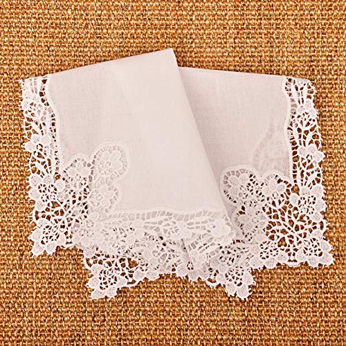 Milesky White Wedding Handkerchief Pure Cotton, Soft Ladies Hanky with Crochet Lace - color: Ch08
