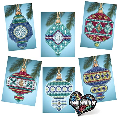 Christmas Jeweled Ornaments (2014) Mill Hill Counted Bead Holiday Kits, Set of 6 - Plus Decorative 'Needleworker' Sticker