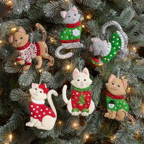 Bucilla Felt Applique 6 Piece Ornament Making Kit, Cats in Ugly Sweaters, Perfect for DIY Arts and Crafts, 89381E