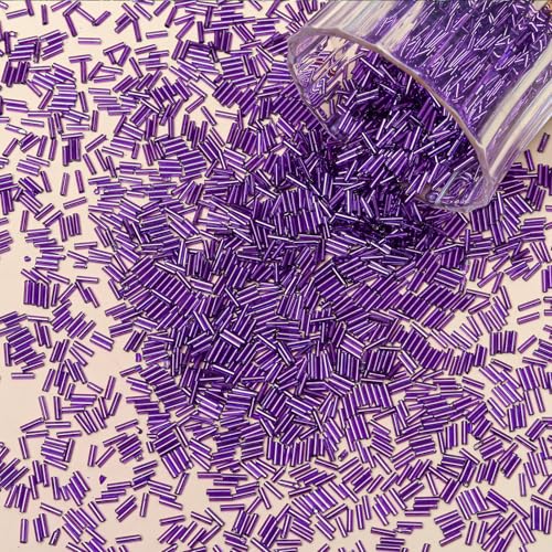 4200pcs Glass Bugle Beads, Mini Long Tube Seed Beads Bulk, Tiny Small Loose Spacer Embroidery Beaded for Bracelets Jewelry Making Sewing, Crafts, Christmas Ornaments, 2×6mm, Deep Purple - color: Deep purple
