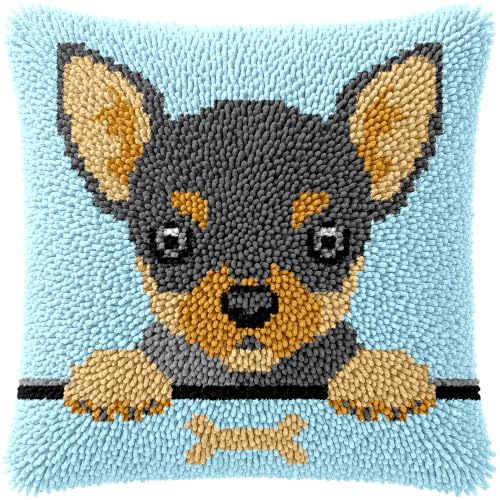 veirousa Chihuahua Puppy Latch Hook Kits for Adults Kids, Beginners DIY Throw Pillow Kit Pre-Printed Mesh Canvas Hook and Latch Rug Kits Cross-Stitch Cushion Cover for Home Sofa Decoration 17x17 in. - color: Chihuahua
