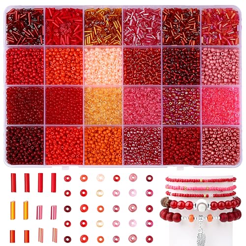LAIDANLA 7500pcs Red Glass Seed & Bugle Tube Beads Kit for Jewelry Making - color: Red