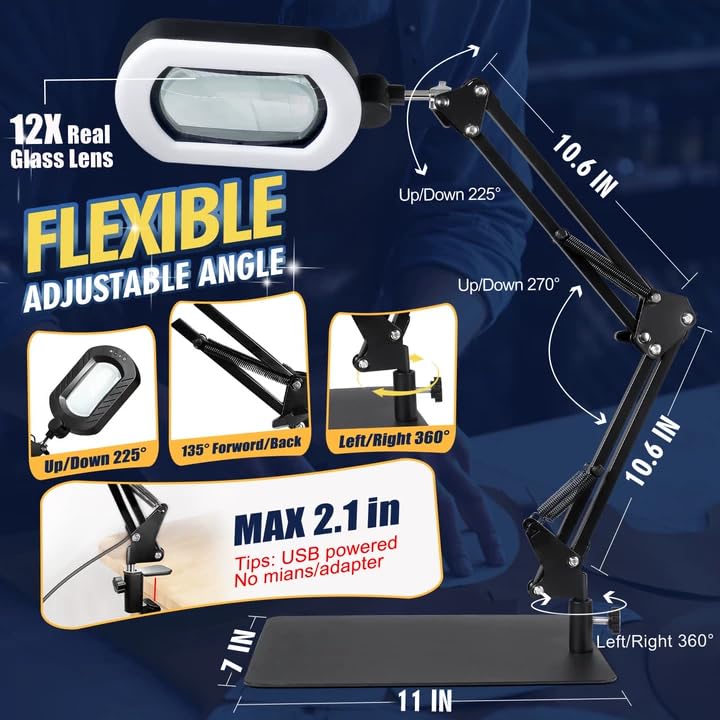 12X Magnifying Glass with Light and Stand, 144 LED Lighted Magnifying Lamp