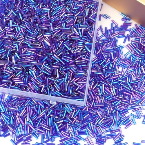4000 Pcs Oil Slick Purple Blue Glass Bugle Beads, 2 x 7 mm Embroidery Beads, Small Long Tube Seed Beads for Embroidery Craft Jewelry Making - color: Oil Slick Purple Blue