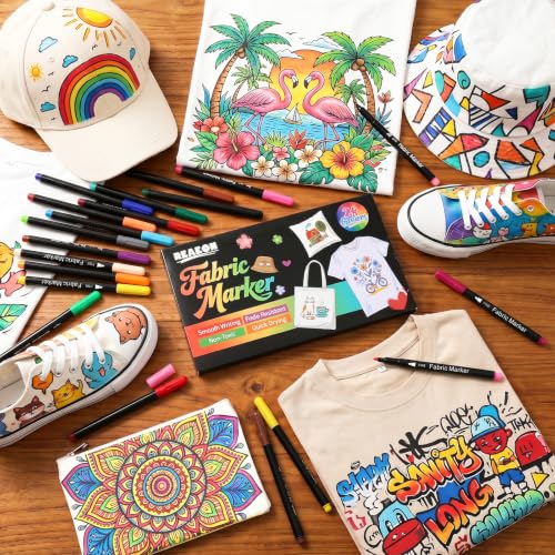 Reaeon Fabric Markers, 24 Colors Fabric Decorating Kit for Clothes, No Bleed Fine Tips Paint Pens for T-Shirts Bags, Textile, Canvas, and More