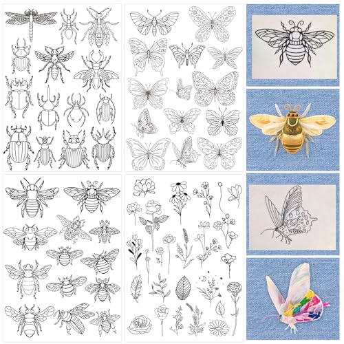 Rngmsi 4 Sheets Insect Embroidery Patterns Water Soluble Stick and Stitch - color: Insect