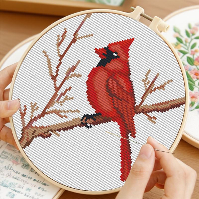 Cartoon Simple Red Cardinal on Branch DIY Stamped Cross Stitch Kits Easy for Beginners and Children with Hoop 11CT Needlepoint Counted Embroidery Kits Art Craft Wall Decoration 12x12inch(1)