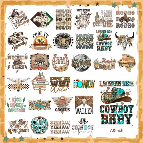 Yuntau 30 Pcs Western Iron on Transfers Patch, Cowboy DTF Vinyl Decal - style: Western Cowboy