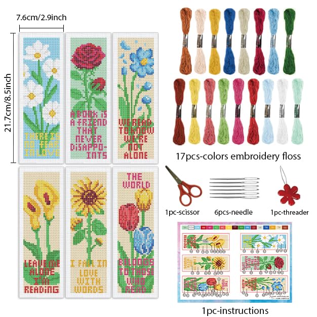 INFUNLY 6pcs Flower and Reading Words Cross Stitch Bookmark Kit for Beginners DIY Rose Tulip Lily Stamped Embroidery Bookmark Kits Plants Words Needlepoint Kit with Instruction for Book Lovers Readers - style: Floral Text