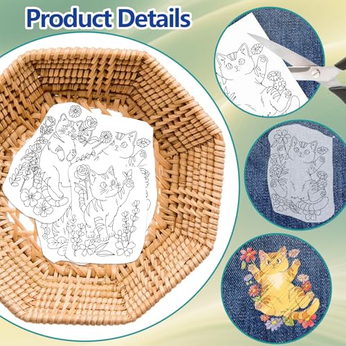 ORIGACH 4 Sheets Water Soluble Embroidery Patterns Stabilizers - Pre-Printed Cat & Flower Designs - Stick & Stitch Embroidery Paper for Hand Sewing Lovers - color: Cat & Flower