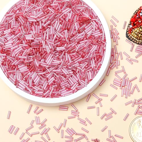 2000pcs Glass Bugle Beads, Tube Beads Bulk, Mini Long Tiny Small Waist Loose Spacer Embroidery Beaded for Bracelets Jewelry Making Sewing, Crafts, 2×6mm, Pink - color: Pink