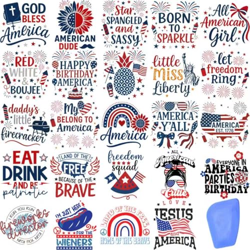 ZMRU 24 Sheets Vintage America 250 Rub On Transfers for Crafts, Rub On Transfers for Wood，Furniture Decals, Glass, Porcelain, Leather, Canvas, Fabric Projects,3 * 3inch(4Th of July) - color: 4Th Of July