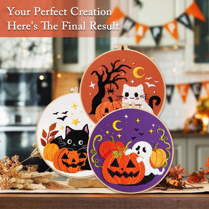 Nuberlic 3 Pack Halloween Embroidery Kit for Beginner Adults - color: Halloween