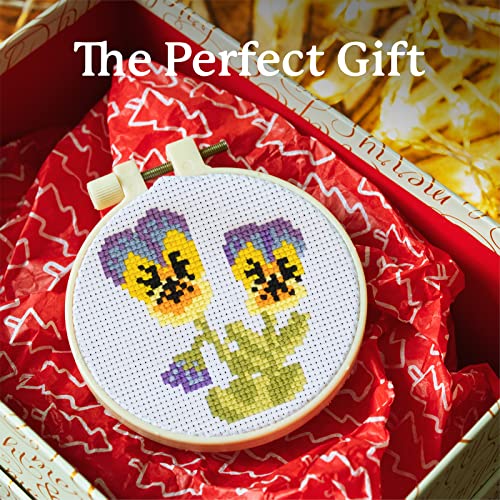 Kraftex Stamped Cross Stitch Kits for Beginners (Flower Theme - 6.75 Inch - 4 Pack 1 x Embroidery Hoop) Embroidery Needlepoint Patterns for Adults, Includes Poppy, Rose, Sunflower and Pansy - style: Flowers - Pansy, Roses, Poppy, Sunflower