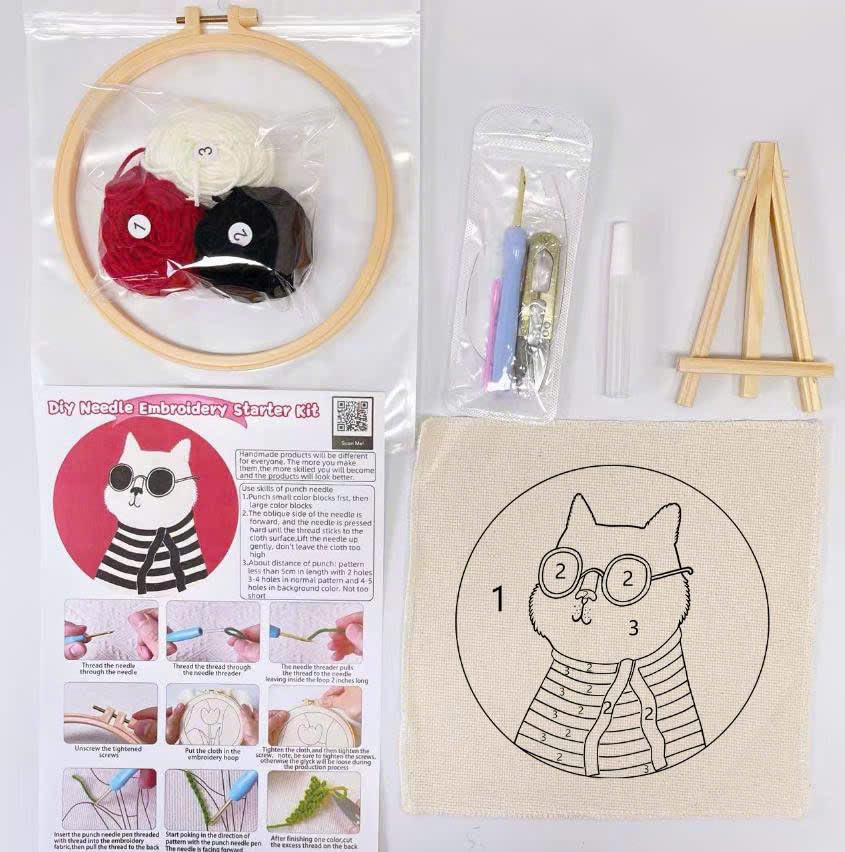 CELCRAFTIQUE Punch Needle Kits for Adults Beginner, Tool with Punch Needle Fabric, Hoops, Yarns and Sewing Needles (Style 4) - color: Retro Cat