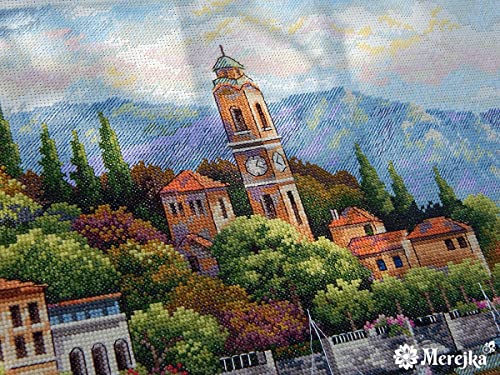 Merejka Counted Cross Stitch Kit – Lago di Como Italian Lake Landscape K-175 | Zweigart Aida 16 Ecru | 40 DMC Colors | 16×12 in / 41×30 cm