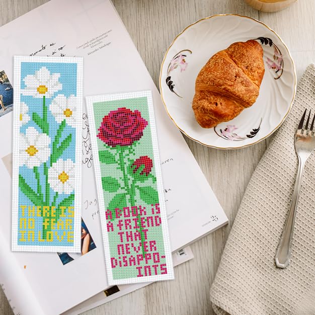 INFUNLY 6pcs Flower and Reading Words Cross Stitch Bookmark Kit for Beginners DIY Rose Tulip Lily Stamped Embroidery Bookmark Kits Plants Words Needlepoint Kit with Instruction for Book Lovers Readers - style: Floral Text