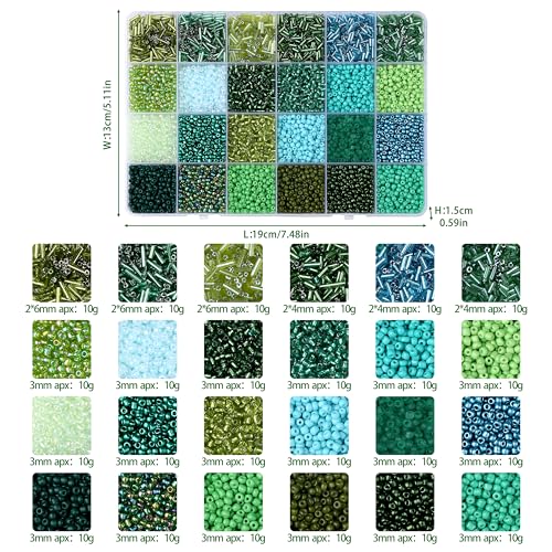 LAIDANLA 7500pcs Green Glass Seed & Bugle Tube Beads Kit for Jewelry Making - color: Green