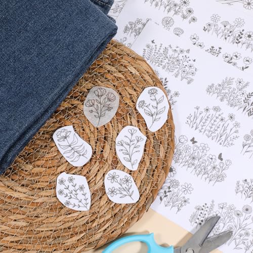 Stick and Stitch Embroidery Paper 4 Sheets, Water Soluble Embroidery Patterns Pre-Printed Wash Away Stabilizer, Dissolvable Floral Leaf Transfer Templates for Hand Sewing Clothes Canvas Bags Jeans