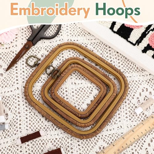 BrightRow 6 Pcs Large Embroidery Hoop Set Decorative Imitated Wood Display Frame Cross Stitch Hoop Ring for Art Craft DIY Sewing and Hanging Ornaments Decor(Square,10+13+18.5 cm) - size: 10+13+18.5 cm, style: Square