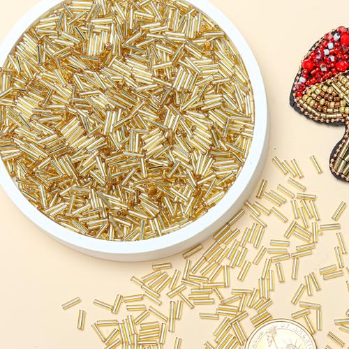 2000pcs Glass Bugle Beads, Tube Beads Bulk, Mini Long Tiny Small Waist Loose Spacer Embroidery Beaded for Bracelets Jewelry Making Sewing, Crafts, 2×6mm, Gold - color: Gold