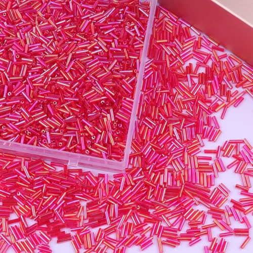 4000 Pcs Iridescent Red Glass Bugle Beads, 2 x 7 mm Embroidery Beads, Small Long Tube Seed Beads for Embroidery Craft Jewelry Making - color: Iridescent Red