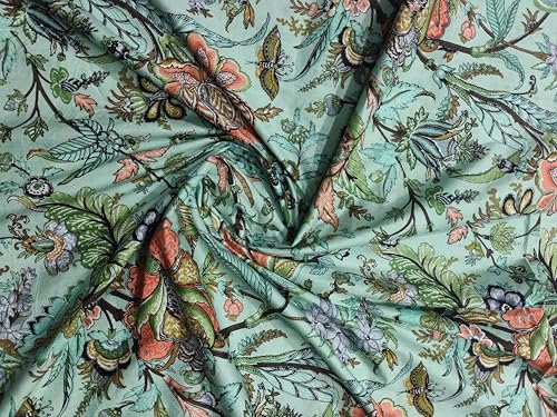 Indian Hand-Block Printed Jaipuri Flower Print Floral Ethnic Sanganer Kurti Print Cotton Fabric (Mint Mugal Flower, 3 Yards) - color: Mint Mugal Flower, size: 3 yard