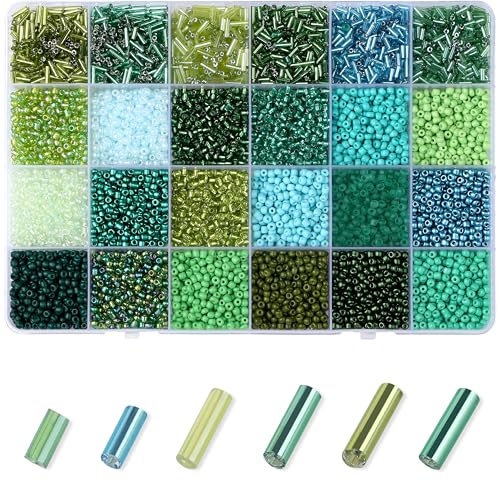 7500Pcs Green Glass Seed & Tube Bugle Beads Kit for Embroidery and Craft - color: D-Green