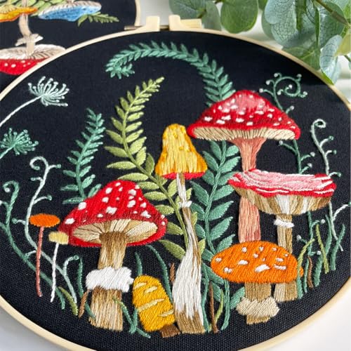 Myfelicity Embroidery Kit with Mushroom Patterns, 3 Hoops, Fabric, Threads, Needles, Instructions (red) - color: red