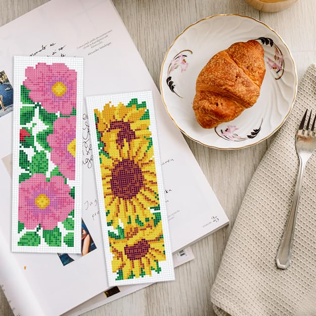 INFUNLY 6pcs/Set Large Roses Cross Stitch Bookmarks Kit Sunflower Tulip DIY Stamped Embroidery Bookmark Calla Lilies Flower Handmade Cross Stitch Bookmark with Backing Felt Instruction for Book Lovers - style: Large Flowers