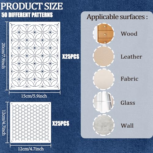 50 Pcs Sashiko Stencil Kit, 7.9 X 5.9 Inch Plastic Embroidery Stencils, Geometric Sashiko Pattern, Embroidery Templates for Sewing Hand Quilting - color: Needle and Pen-Color1