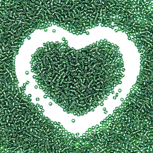 Legefo 4mm Glass Seed Beads Bulk, Green with Silver 6/0 Small Mini Pony Seed Beads, Tiny Round Craft Bead for Bracelet Necklace Wrist Jewelry Making Beading Weaving DIY Crafts Supplies, 1000pcs - color: Green with Silver