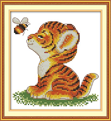 Stitchmelody 14CT Counted Cross Stitch Kits,DMC Unprinted Pattern Embroidery Set Needlework-Tiger and Bee 7''×7.5'' - color: 14CT Counted/Unprinted Kit,Tiger and bee 7''×7.5''