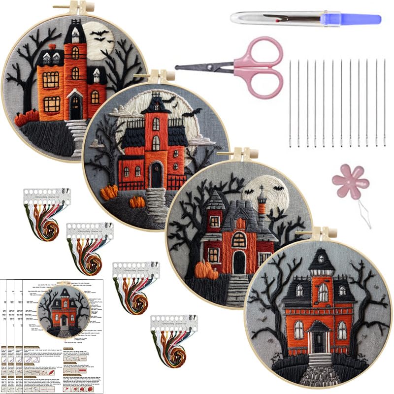 LB 4-Pack Halloween Castle Embroidery Kit for Beginners: Fall Pumpkin and Black Tree Bat Cross Stitch Kit | Adults DIY Starter Kit Includes Embroidery Hoop, Colorful Threads, Tools and Instructions - color: Black Orange