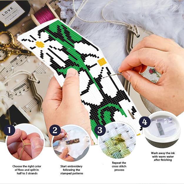 INFUNLY 6pcs White Daisies Cross Stitch Bookmark Kit for Beginners DIY Green Leaf Stamped Embroidery Bookmark Kits Flowers Needlepoint Kit with Instruction Easy Cross Stitch Set for Book Lovers Reader - style: Daisies