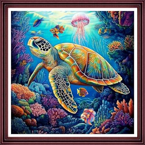 Funchey Counted Cross Stitch Kits for Adults Needlepoint Kits Unprinted Cross Stitching Embroidery Kit 11CT Cross Stitch Supplies-Turtle Underwater World 18x18 inch - color: ArtsKits13