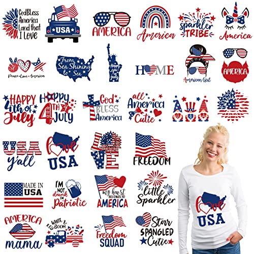 Whaline 30 Sheets Patriotic Iron On Transfers Patches 4th of July Heat Transfer Vinyl Patches USA Flag Red Blue White Iron on Stickers Decals for 250th Anniversary Clothing Fabric DIY Craft Decoration - style: Patriotic