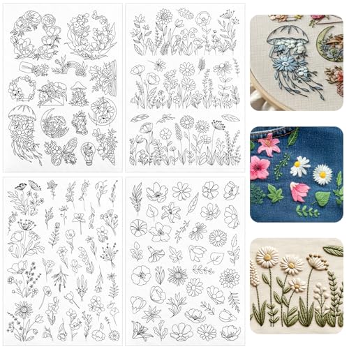 ElevateTech Embroidery Patterns Water Soluble Stabilizer for Embroidery Stick & Stitch Embroidery-Paper Wash Away Stabilizers with Pre-Printed Flower Leaves Plant Patterns for Hand Sewing, 4 Sheets