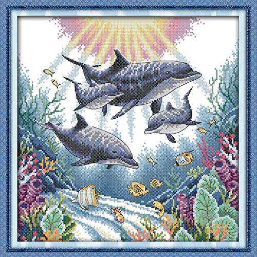 Cross Stitch Stamped Kits Pre-Printed Cross-Stitching Starter Patterns for Beginner Kids or Adults, Embroidery Needlepoint Kits (Dolphin 17.7×17.7 inch) - color: Dolphin, 17.7×17.7 inch