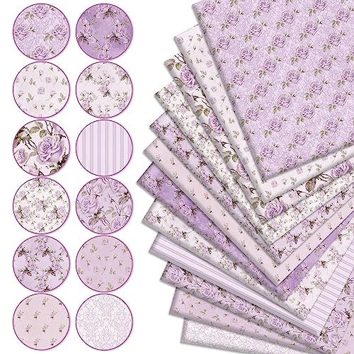 Whaline 12 Pcs Vintage Floral Cotton Fabric Bundles 18 x 22 Inch Retro Floral Fat Quarters Purple Flower Quilting Patchwork Sewing Fabrics for DIY Handmade Crafting Home Party Spring Decor - color: Purple, size: 18 x 22 inches