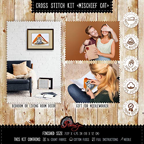 Counted Cross Stitch Kit 'Mischief Kitten' DIY Embroidery Set with Counted Gray Tabby Cat Pattern