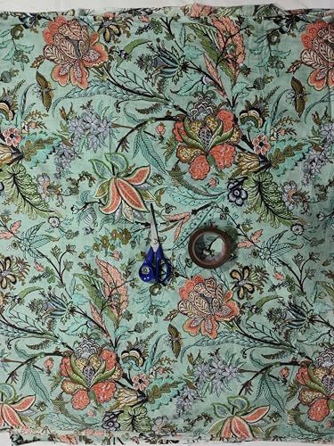 Indian Hand-Block Printed Jaipuri Print Tropical Paisley Floral Ethnic Sanganer Kurti Print Cotton Fabric - color: Mint Mugal Flower, size: 5 yard