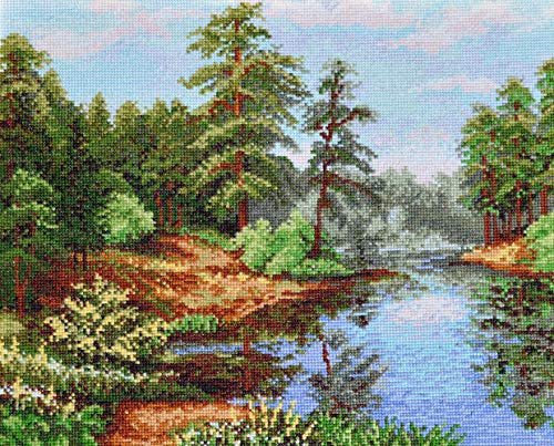Lake Amid Pines - Counted Cross Stitch Kit with Forest Landscape Pattern - color: Lake in the Pines